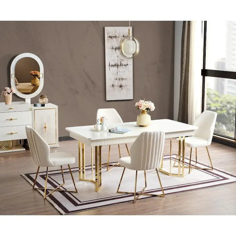 Buffet/bahut blanc ultra-brillant avec deux miroirs ovales à LED et quincaillerie dorée