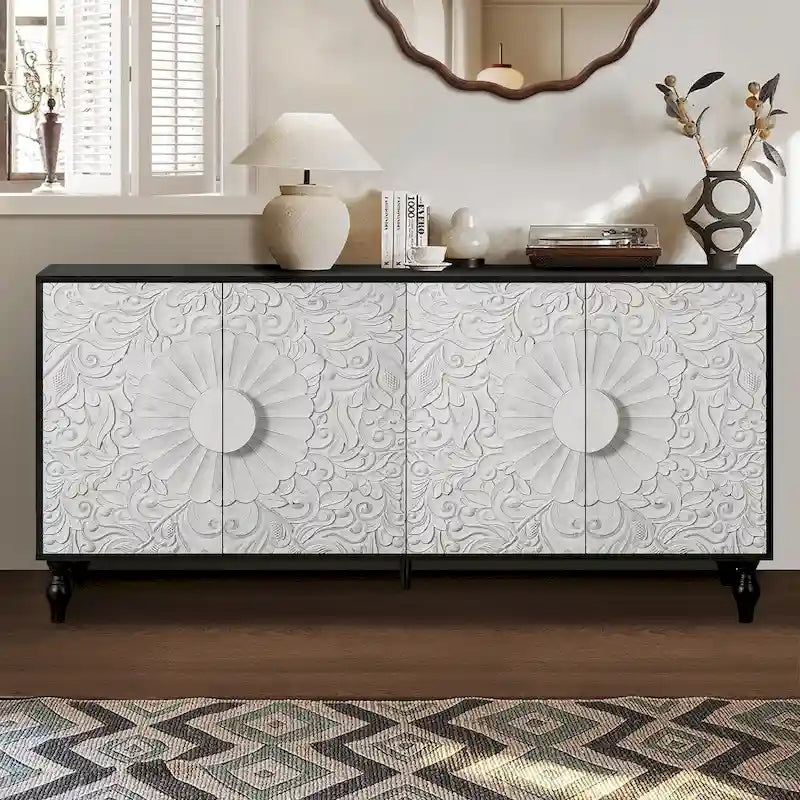 Meuble vintage sculpté à fleurs avec portes et étagères réglables