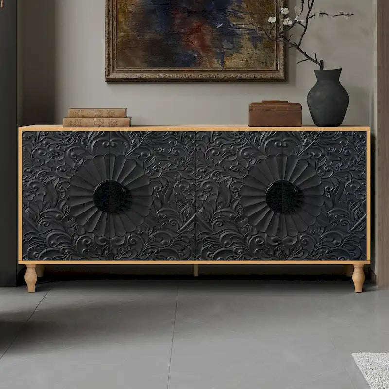 Meuble vintage sculpté à fleurs avec portes et étagères réglables