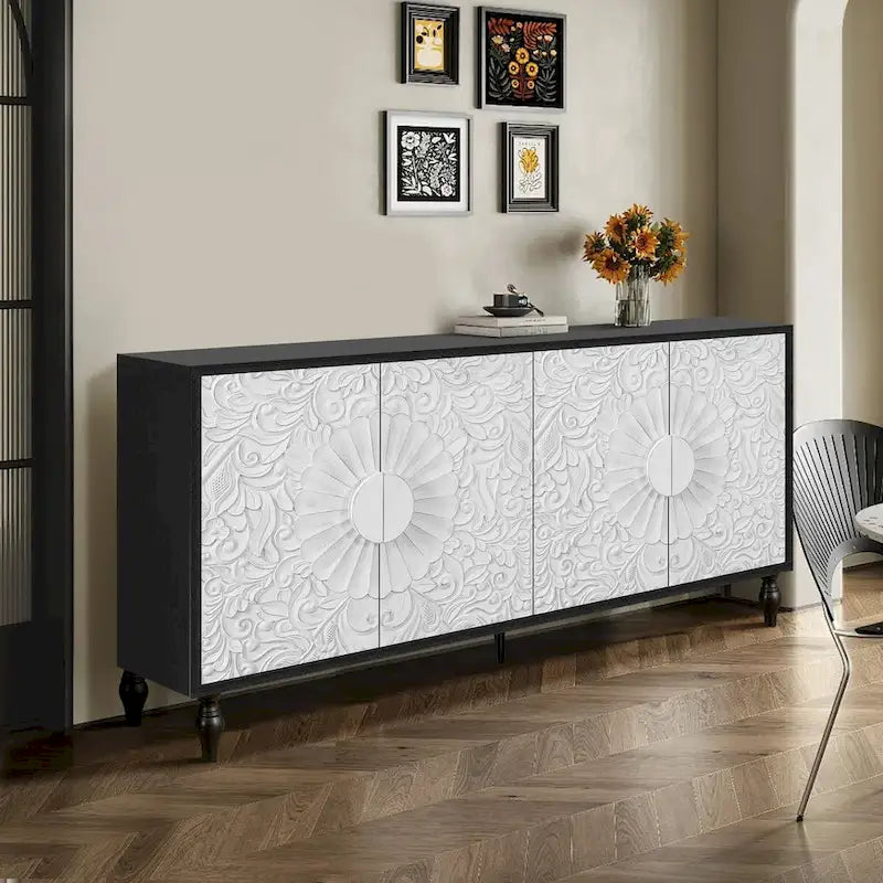 Meuble vintage sculpté à fleurs avec portes et étagères réglables