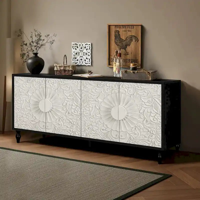 Meuble vintage sculpté à fleurs avec portes et étagères réglables