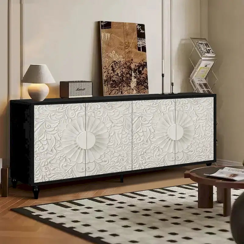 Meuble vintage sculpté à fleurs avec portes et étagères réglables