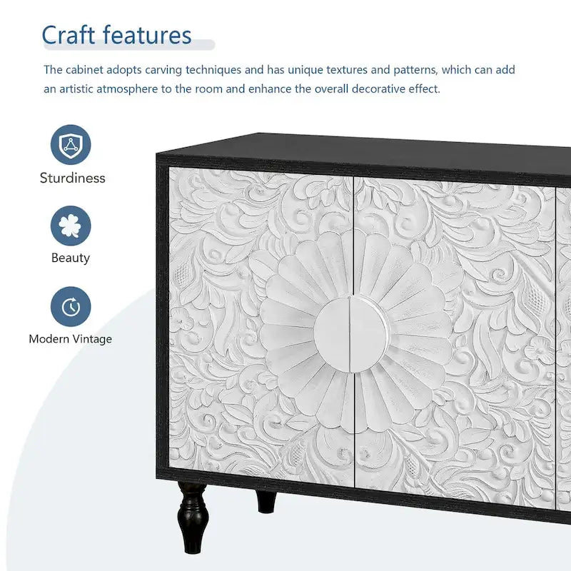 Meuble vintage sculpté à fleurs avec portes et étagères réglables