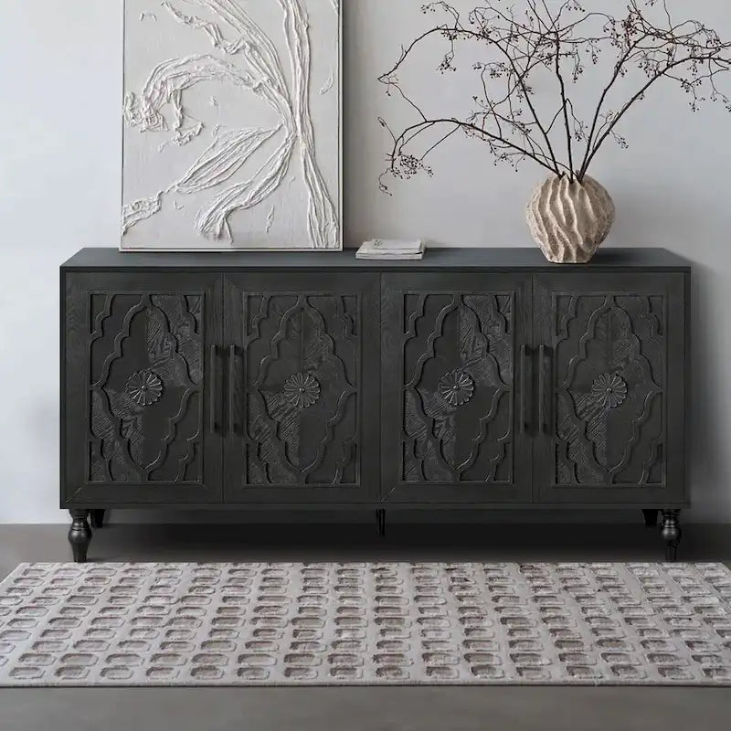 Meuble vintage sculpté à fleurs avec portes et étagères réglables