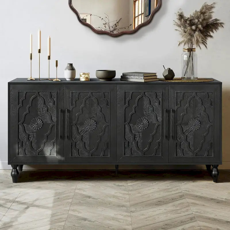 Meuble vintage sculpté à fleurs avec portes et étagères réglables