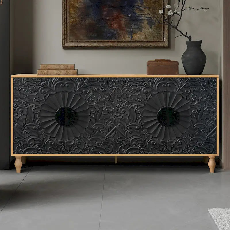 Meuble vintage sculpté à fleurs avec portes et étagères réglables