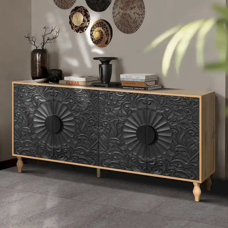 Meuble vintage sculpté à fleurs avec portes et étagères réglables