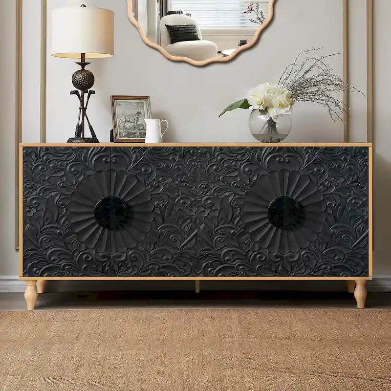 Meuble vintage sculpté à fleurs avec portes et étagères réglables