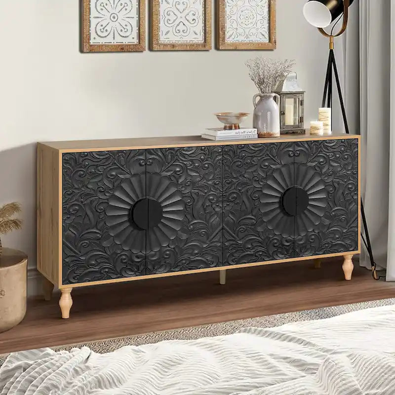 Meuble vintage sculpté à fleurs avec portes et étagères réglables