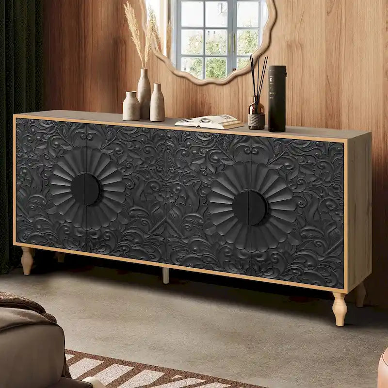 Meuble vintage sculpté à fleurs avec portes et étagères réglables