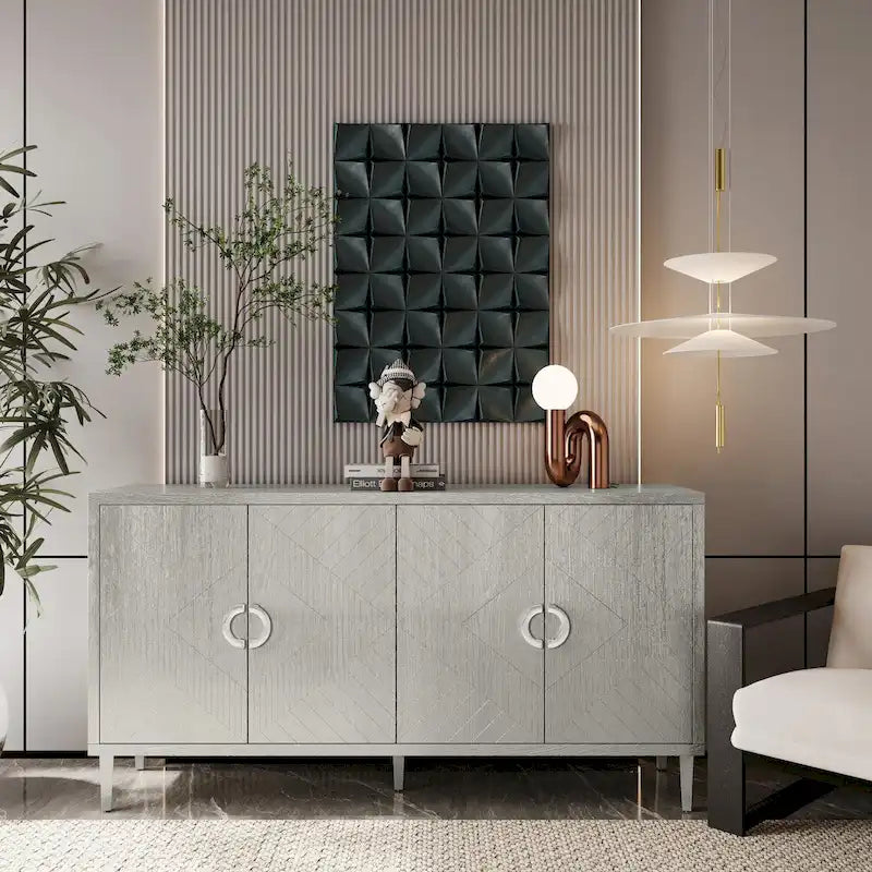 Buffet 4 portes MDF Pieds en pin sculptés Champagne Bleu marine