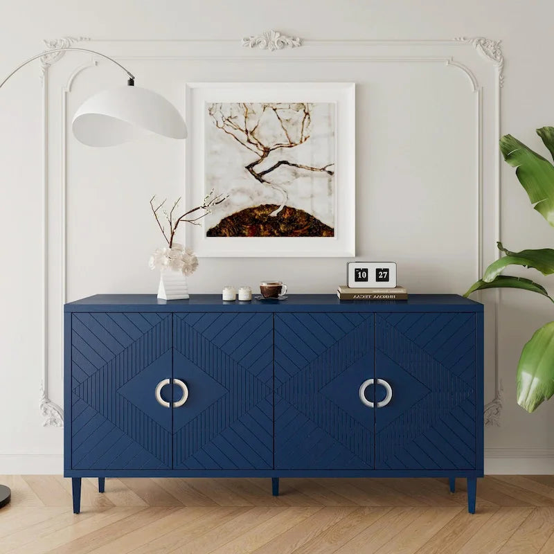 Buffet 4 portes MDF Pieds en pin sculptés Champagne Bleu marine