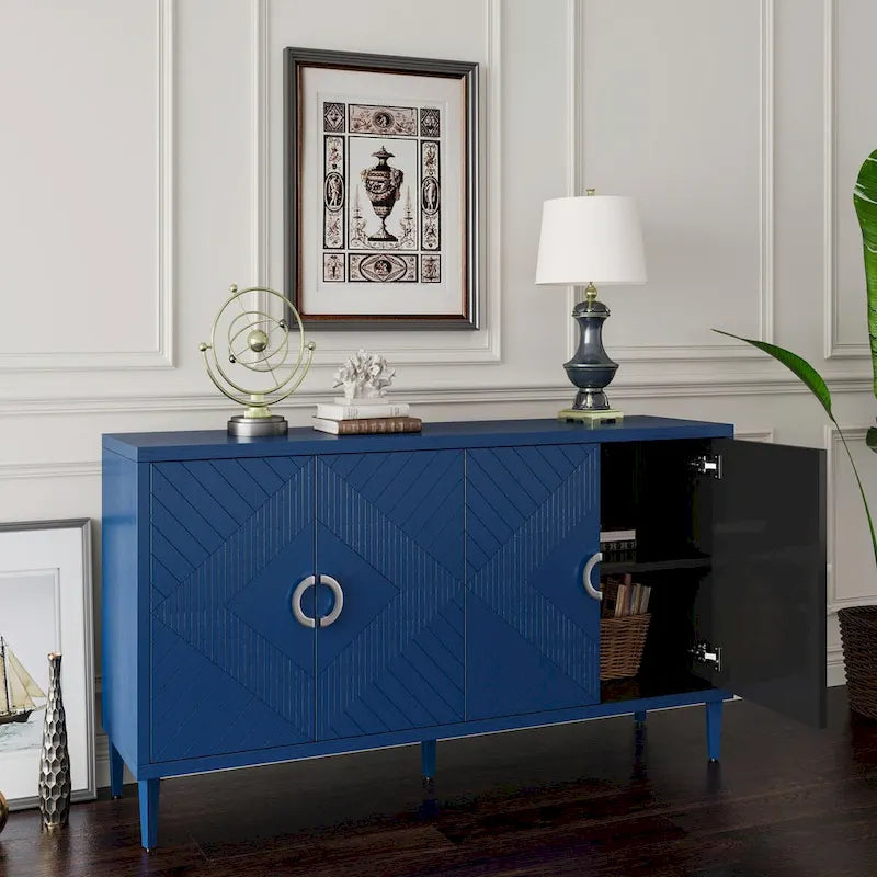 Buffet 4 portes MDF Pieds en pin sculptés Champagne Bleu marine