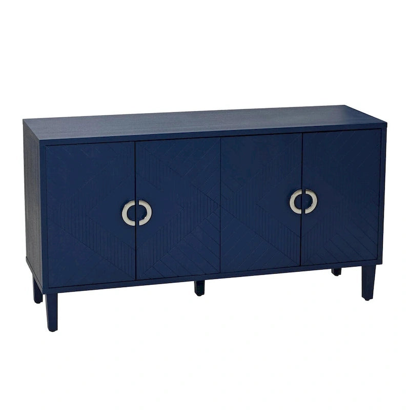 Buffet 4 portes MDF Pieds en pin sculptés Champagne Bleu marine
