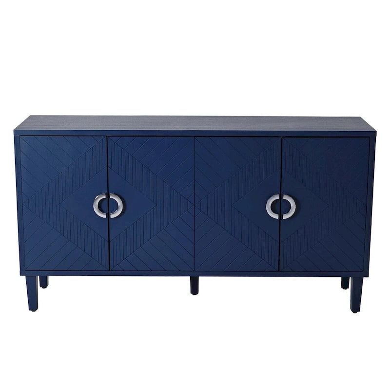 Buffet 4 portes MDF Pieds en pin sculptés Champagne Bleu marine