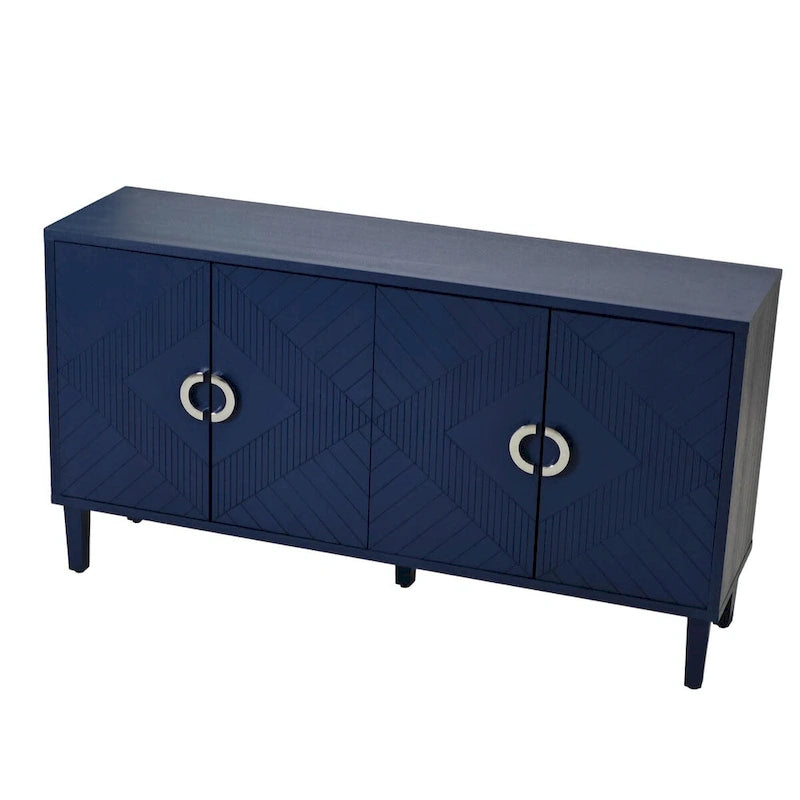 Buffet 4 portes MDF Pieds en pin sculptés Champagne Bleu marine