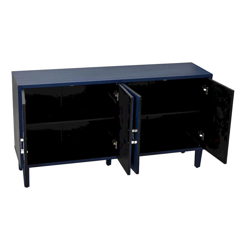 Buffet 4 portes MDF Pieds en pin sculptés Champagne Bleu marine