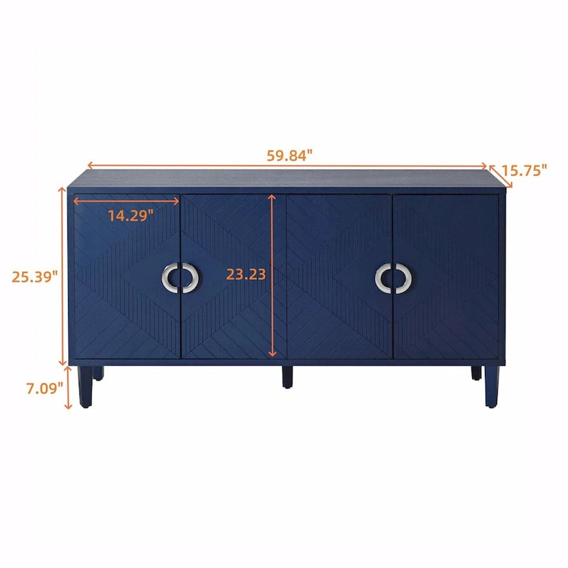Buffet 4 portes MDF Pieds en pin sculptés Champagne Bleu marine