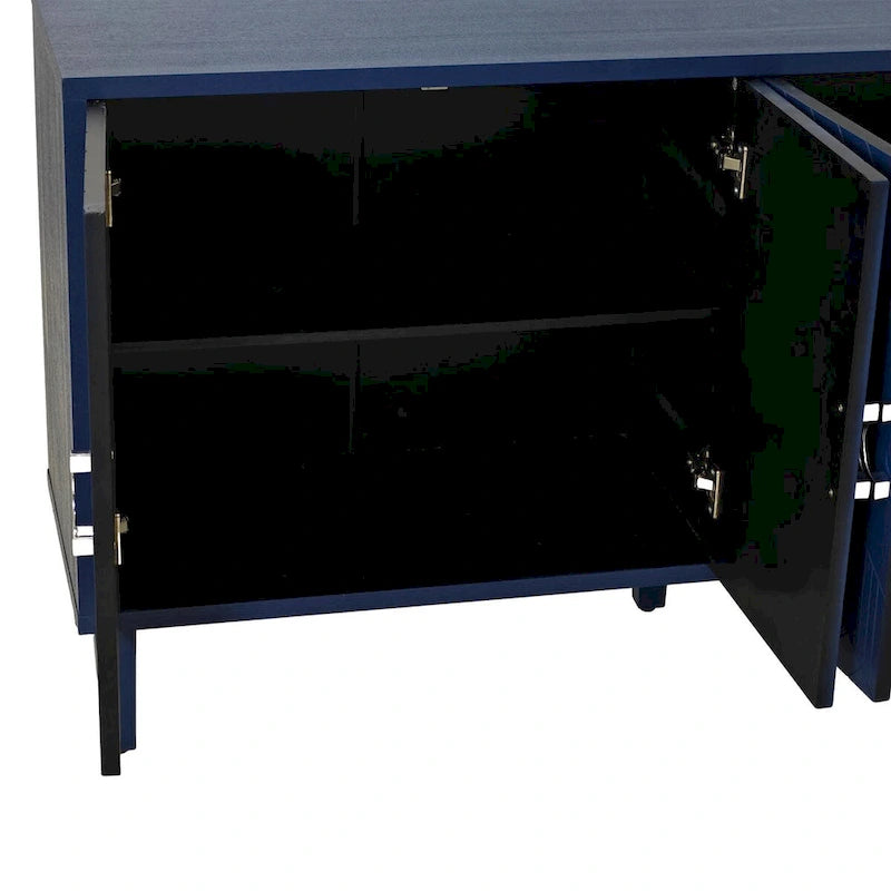 Buffet 4 portes MDF Pieds en pin sculptés Champagne Bleu marine