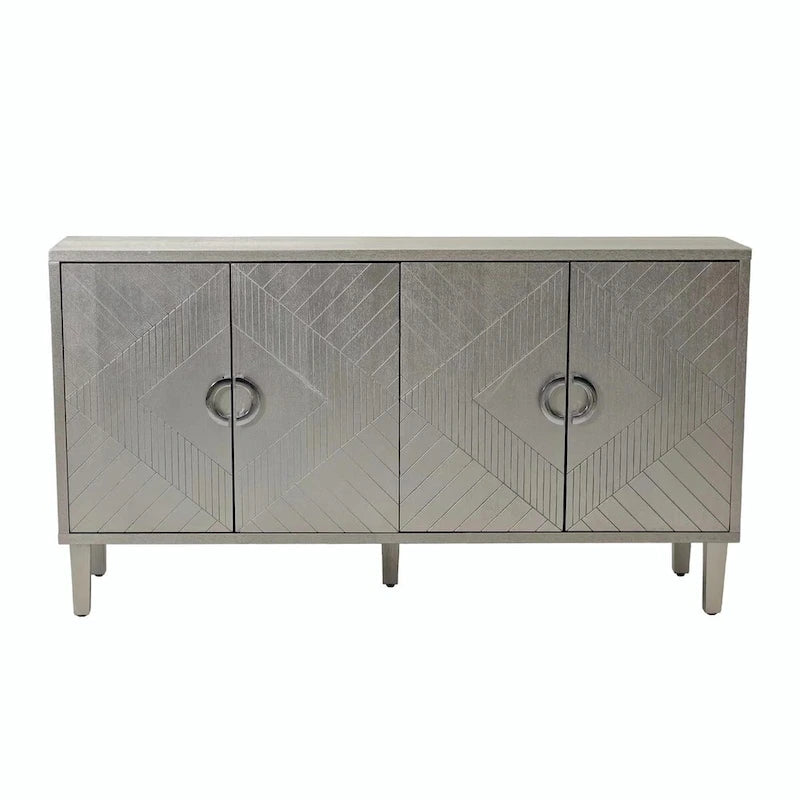 Buffet 4 portes MDF Pieds en pin sculptés Champagne Bleu marine