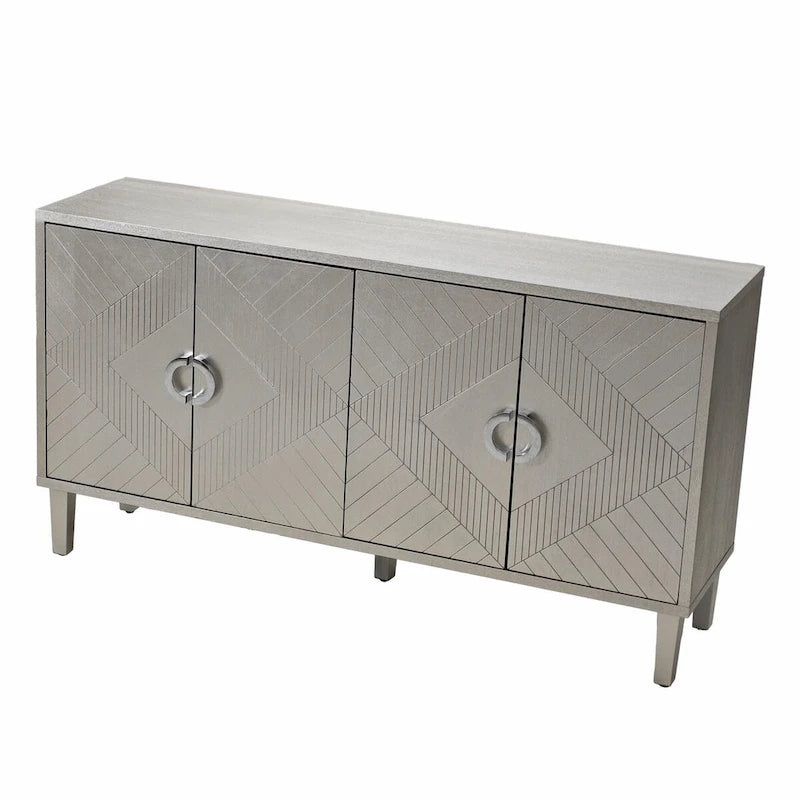 Buffet 4 portes MDF Pieds en pin sculptés Champagne Bleu marine
