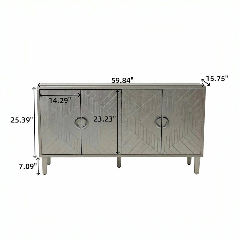 Buffet 4 portes MDF Pieds en pin sculptés Champagne Bleu marine