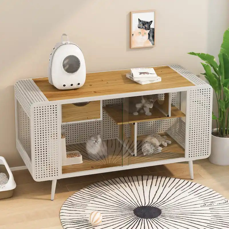 Grand meuble pour chat avec cadre en fer creux et portes coulissantes en verre Blanc
