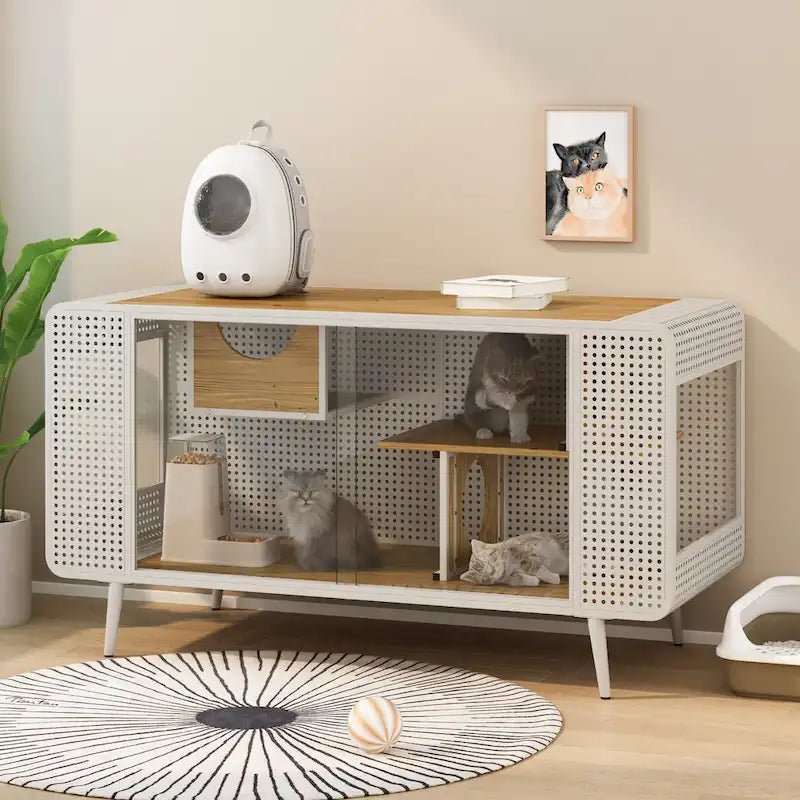 Grand meuble pour chat avec cadre en fer creux et portes coulissantes en verre Blanc