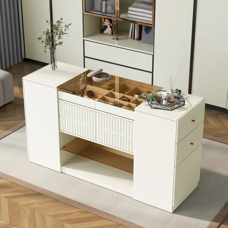 Coiffeuse/Commode et Meuble de Rangement Multifonctionnel avec Plateau en Verre, Étagère d'Exposition, 6 Tiroirs
