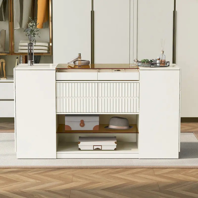 Coiffeuse/Commode et Meuble de Rangement Multifonctionnel avec Plateau en Verre, Étagère d'Exposition, 6 Tiroirs