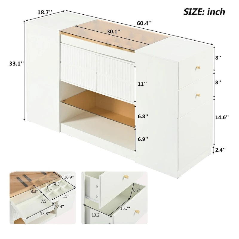Coiffeuse/Commode et Meuble de Rangement Multifonctionnel avec Plateau en Verre, Étagère d'Exposition, 6 Tiroirs