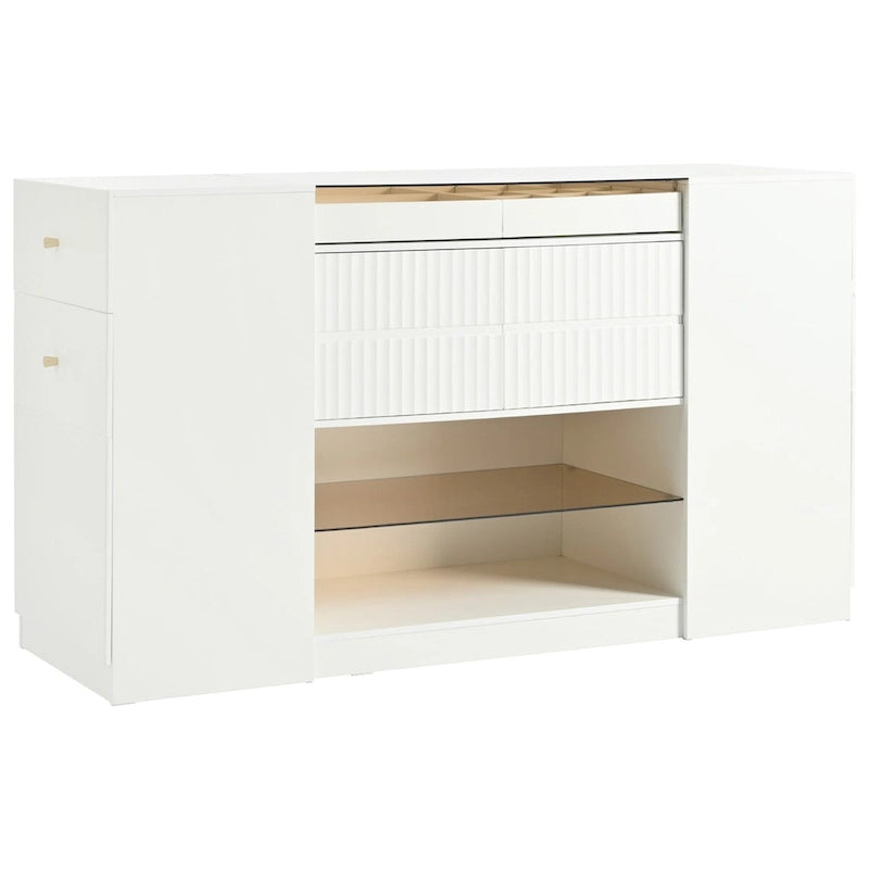 Coiffeuse/Commode et Meuble de Rangement Multifonctionnel avec Plateau en Verre, Étagère d'Exposition, 6 Tiroirs