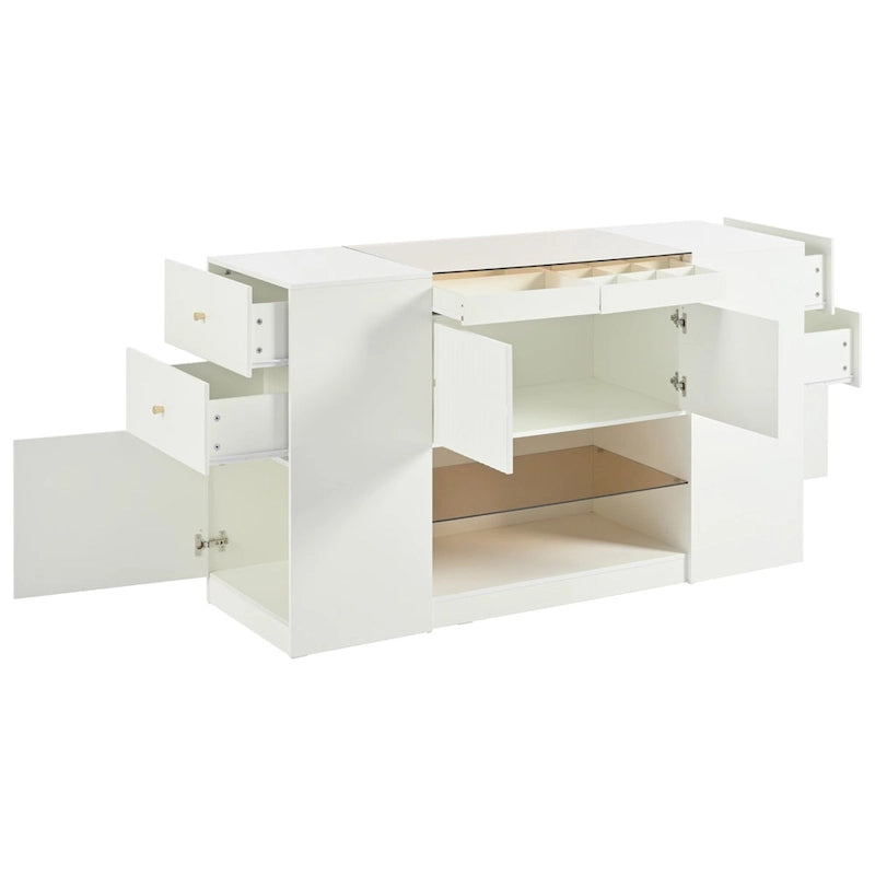 Coiffeuse/Commode et Meuble de Rangement Multifonctionnel avec Plateau en Verre, Étagère d'Exposition, 6 Tiroirs