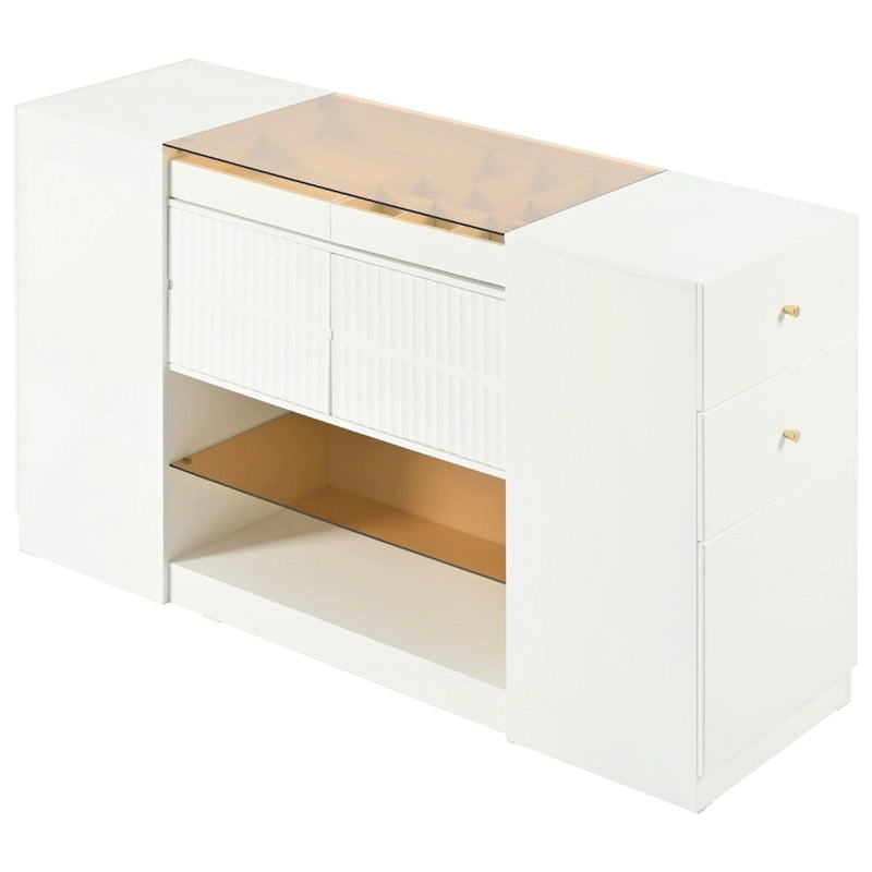 Coiffeuse/Commode et Meuble de Rangement Multifonctionnel avec Plateau en Verre, Étagère d'Exposition, 6 Tiroirs