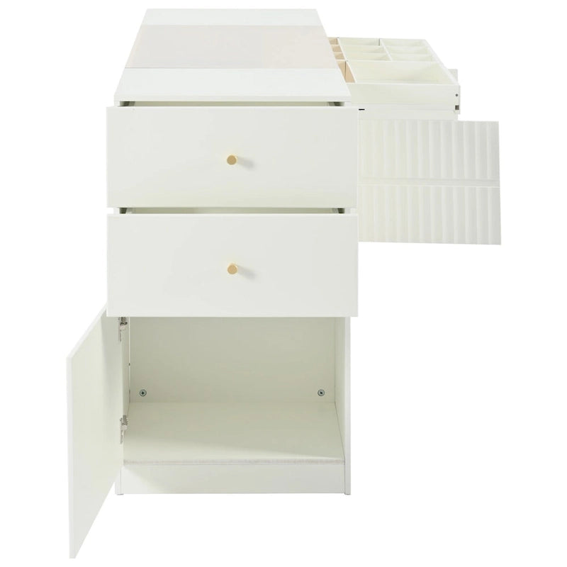 Coiffeuse/Commode et Meuble de Rangement Multifonctionnel avec Plateau en Verre, Étagère d'Exposition, 6 Tiroirs