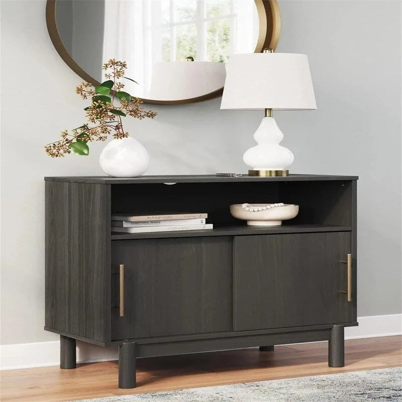 Armoire d'appoint moderne gris foncé à 2 portes coulissantes avec étagère ouverte
