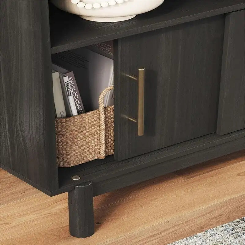 Armoire d'appoint moderne gris foncé à 2 portes coulissantes avec étagère ouverte