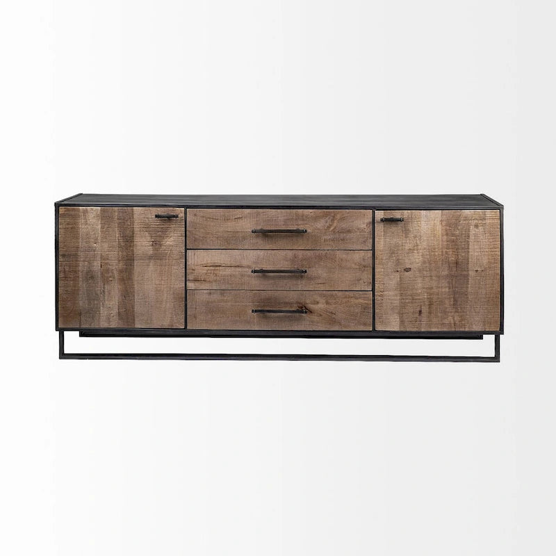 Buffet en bois massif marron, cadre en métal noir, 3 tiroirs et 2 portes