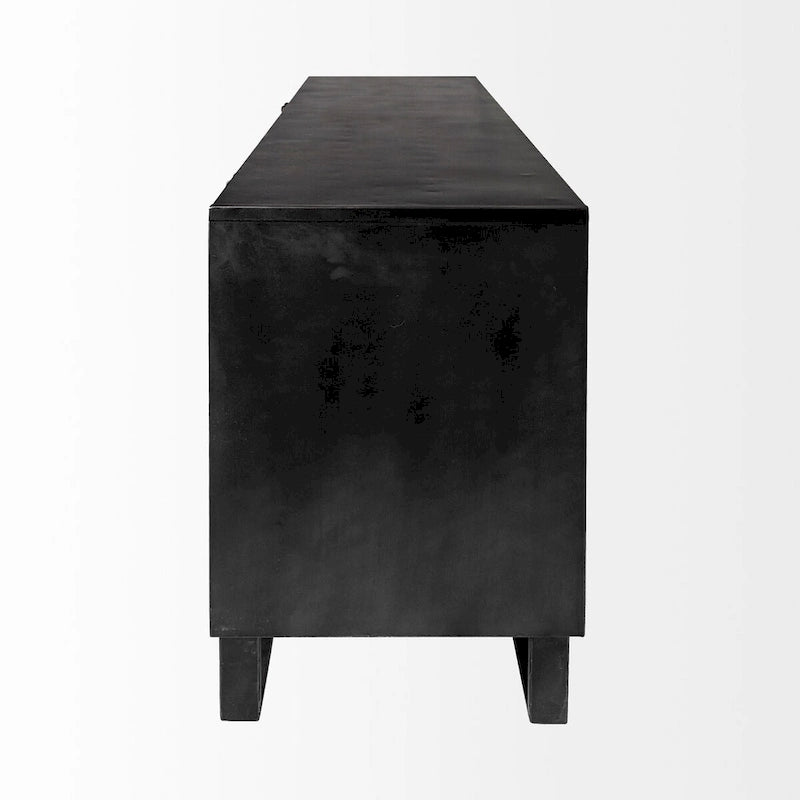 Buffet en bois massif marron, cadre en métal noir, 3 tiroirs et 2 portes