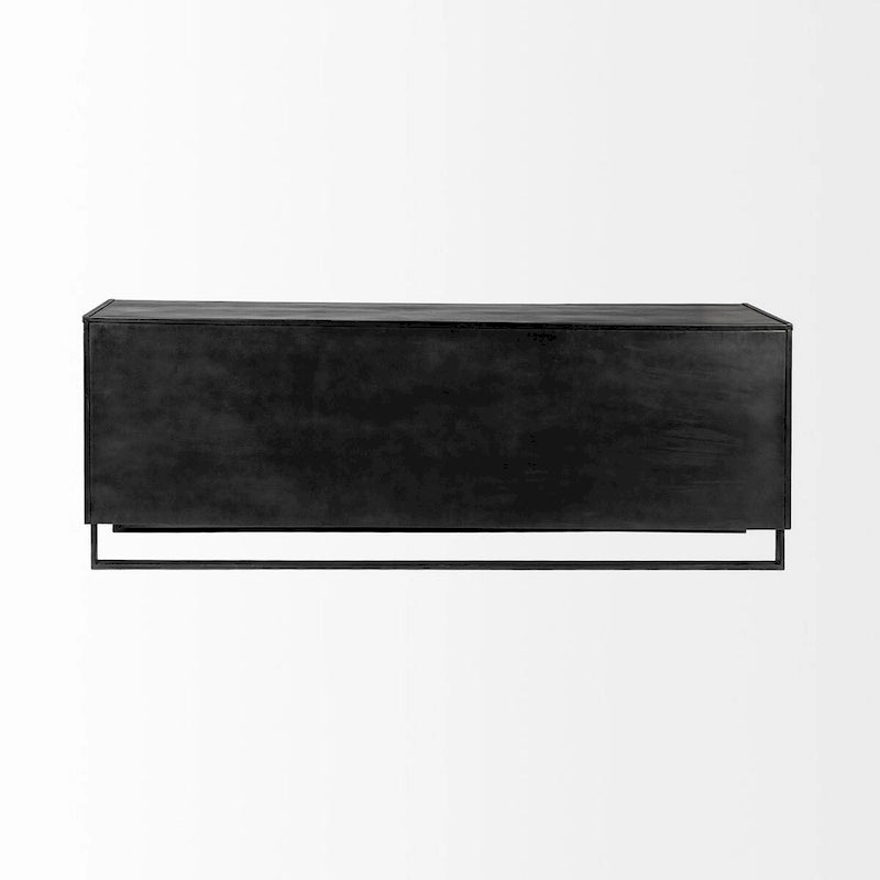 Buffet en bois massif marron, cadre en métal noir, 3 tiroirs et 2 portes