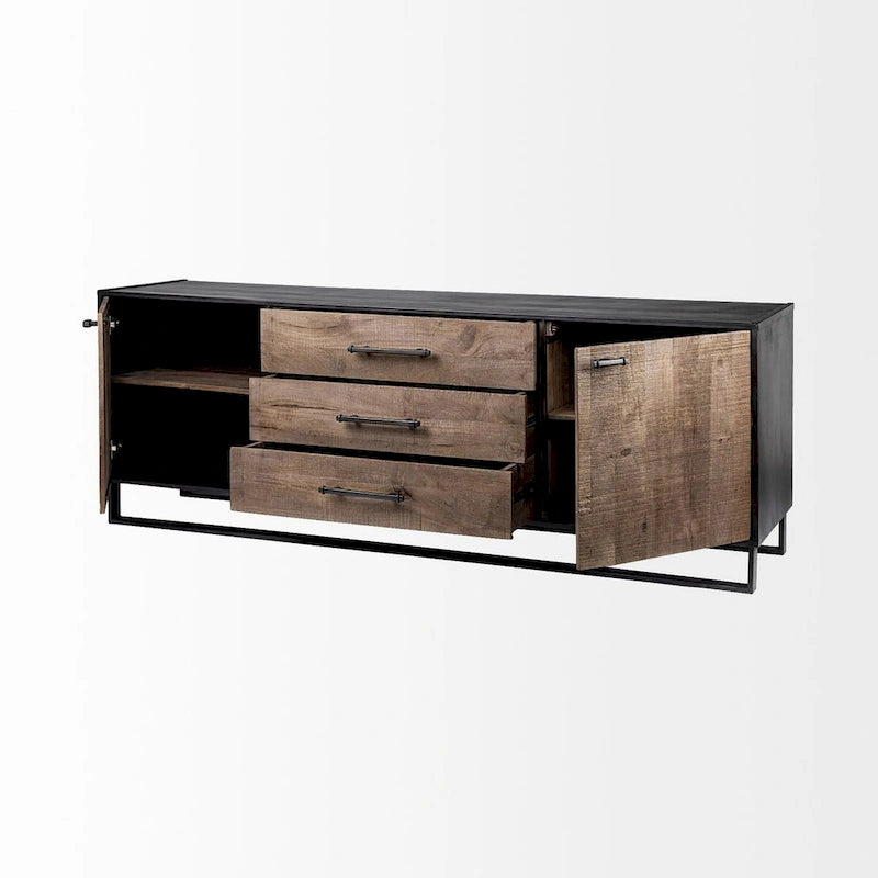 Buffet en bois massif marron, cadre en métal noir, 3 tiroirs et 2 portes