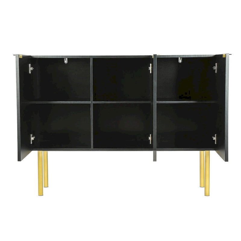 Buffet moderne cannelé avec pieds en métal doré et étagères réglables, noir et blanc