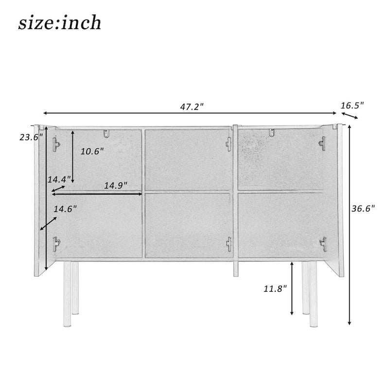 Buffet moderne cannelé avec pieds en métal doré et étagères réglables, noir et blanc