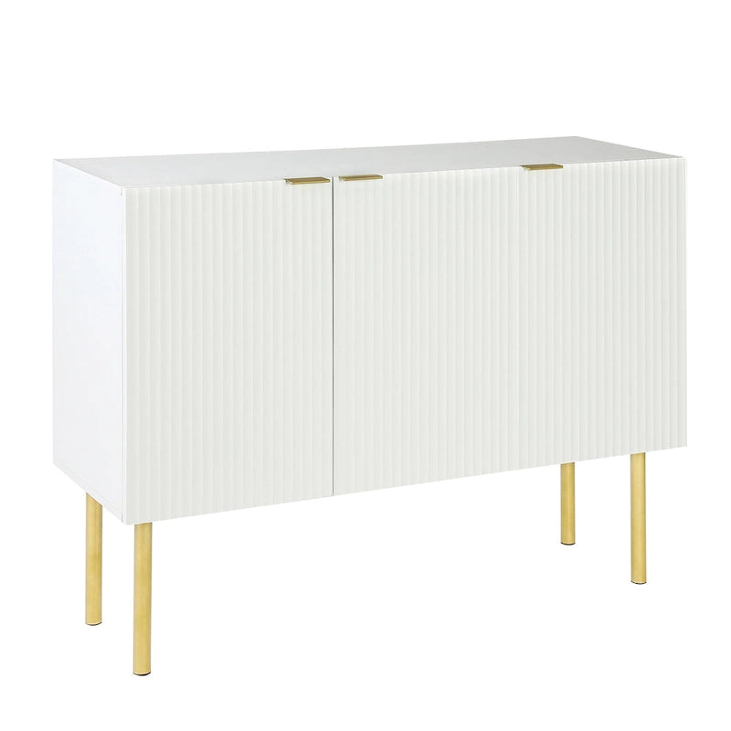 Buffet moderne cannelé avec pieds en métal doré et étagères réglables, noir et blanc