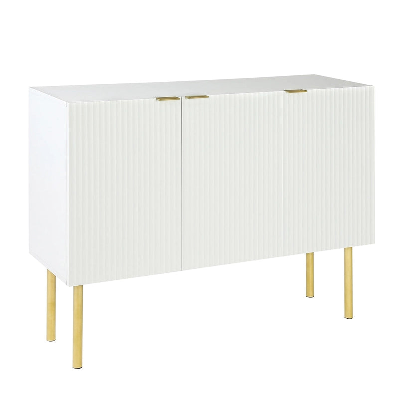 Buffet moderne cannelé avec pieds en métal doré et étagères réglables, noir et blanc