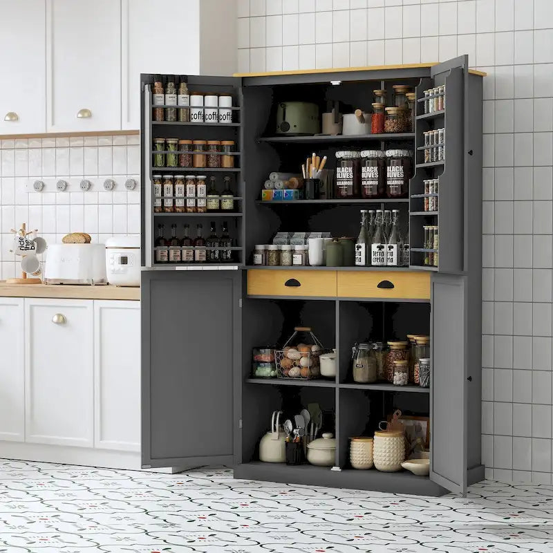 40,2x20x71,3 pouces Grand garde-manger de cuisine autoportant Grande armoire de rangement avec 2 tiroirs, 2 étagères de porte réglables à 8 niveaux