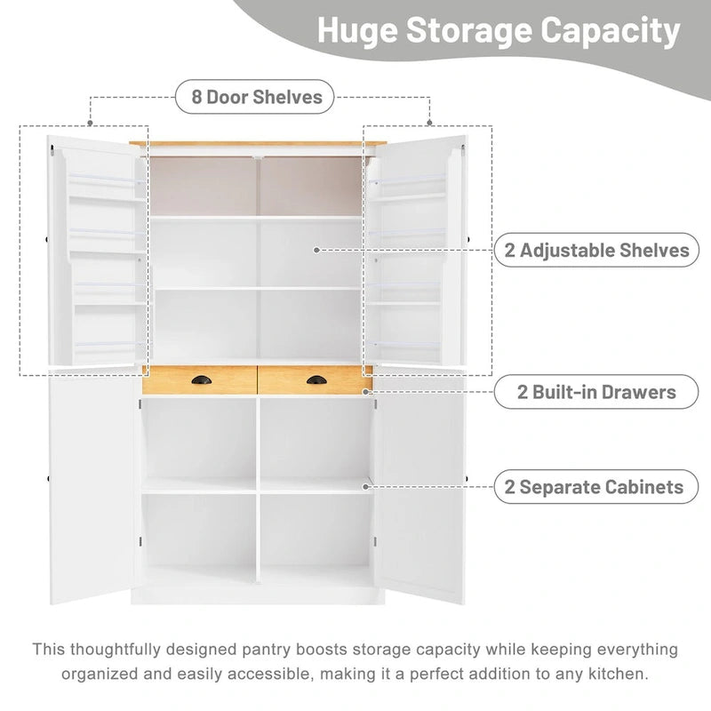 40,2x20x71,3 pouces Grand garde-manger de cuisine autoportant Grande armoire de rangement avec 2 tiroirs, 2 étagères de porte réglables à 8 niveaux