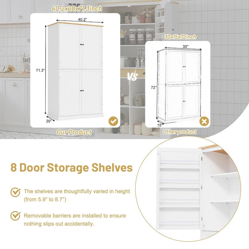 40,2x20x71,3 pouces Grand garde-manger de cuisine autoportant Grande armoire de rangement avec 2 tiroirs, 2 étagères de porte réglables à 8 niveaux