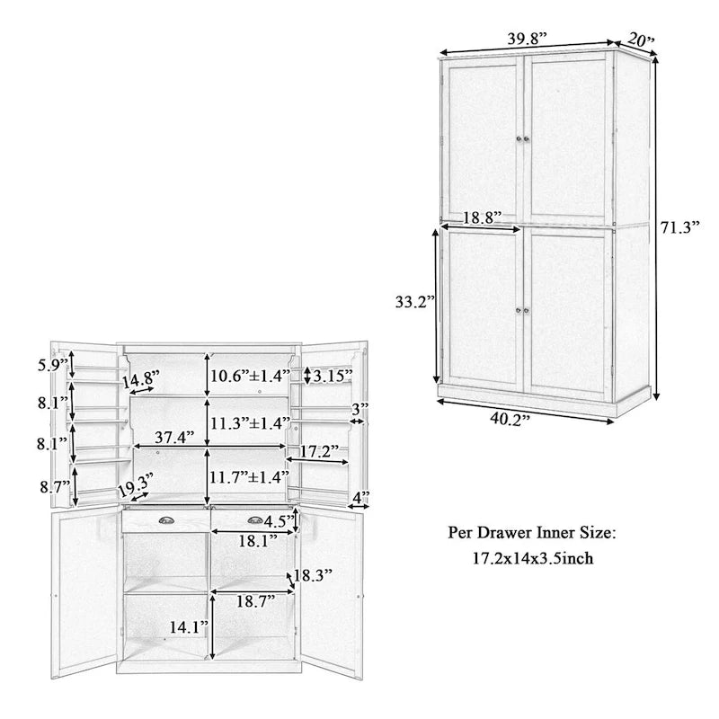 40,2x20x71,3 pouces Grand garde-manger de cuisine autoportant Grande armoire de rangement avec 2 tiroirs, 2 étagères de porte réglables à 8 niveaux