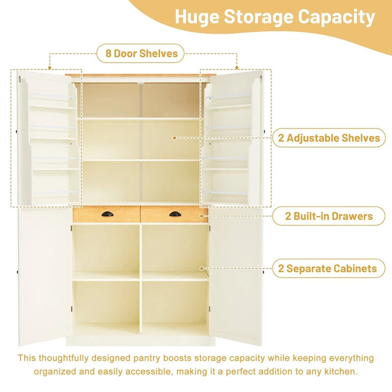40,2x20x71,3 pouces Grand garde-manger de cuisine autoportant Grande armoire de rangement avec 2 tiroirs, 2 étagères de porte réglables à 8 niveaux